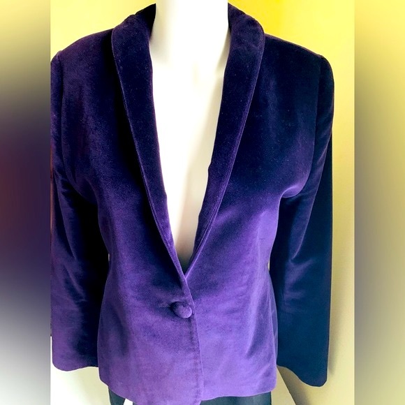 Purple color thick velvet blazer jacket single button closure shawl collar lined - Picture 6 of 11